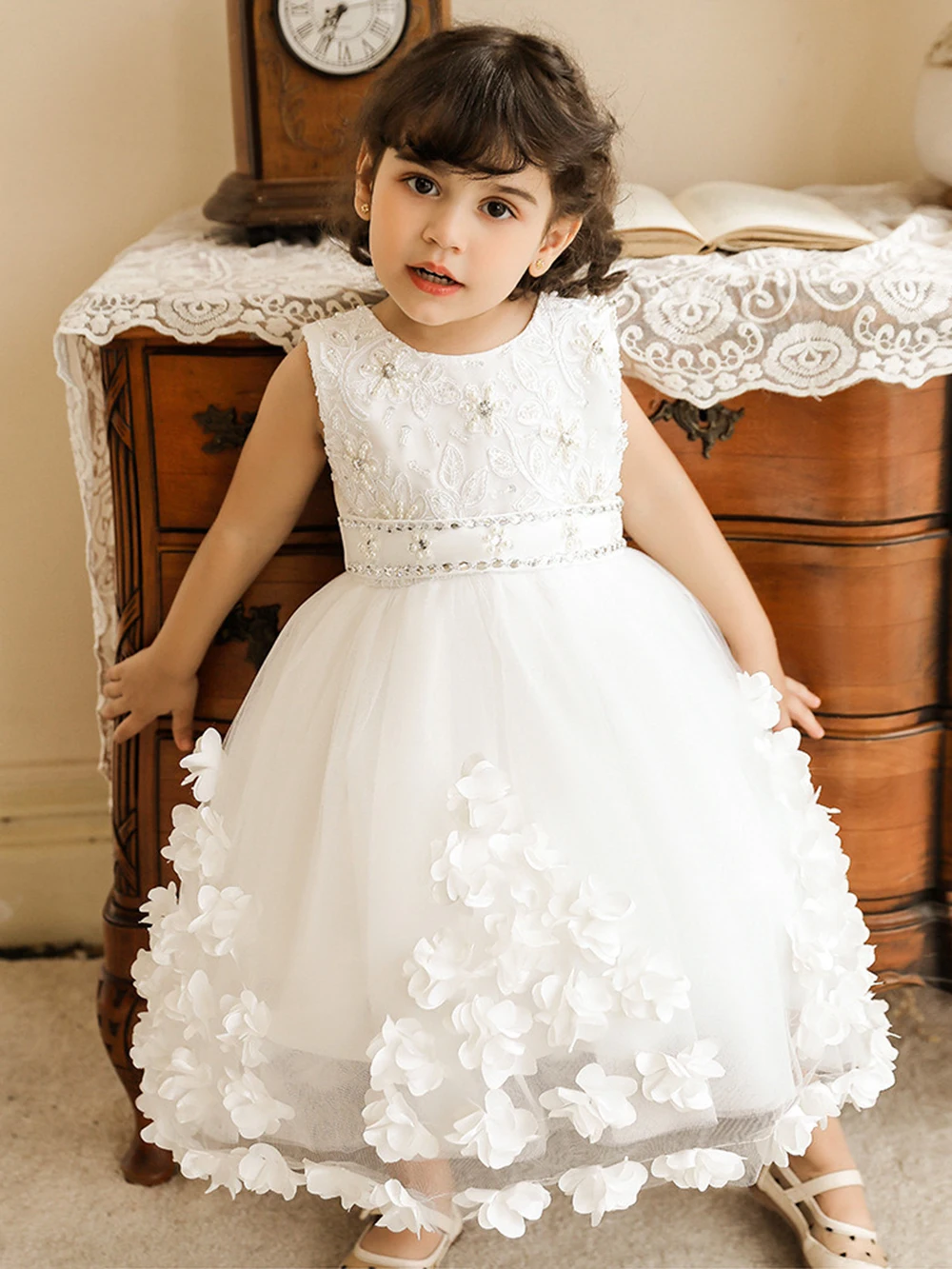 

Dreamgirl Puffy Pearls Flower Applique Flower Girl Dress Embroidery Baby First Communion Dresses SMDL220422011