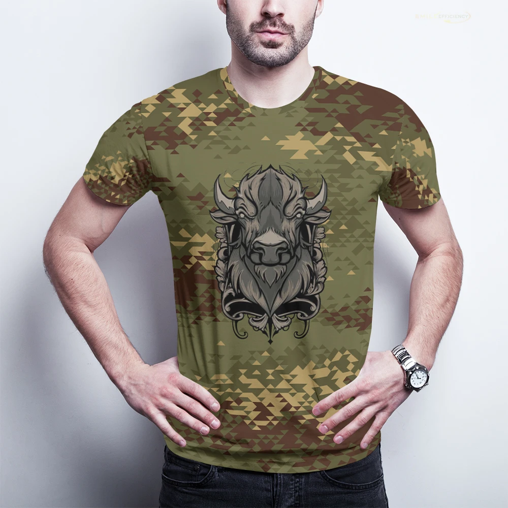 2022 летняя Винтажная футболка с 3D-принтом камуфляжная Bison Ox head Graphic Уличная