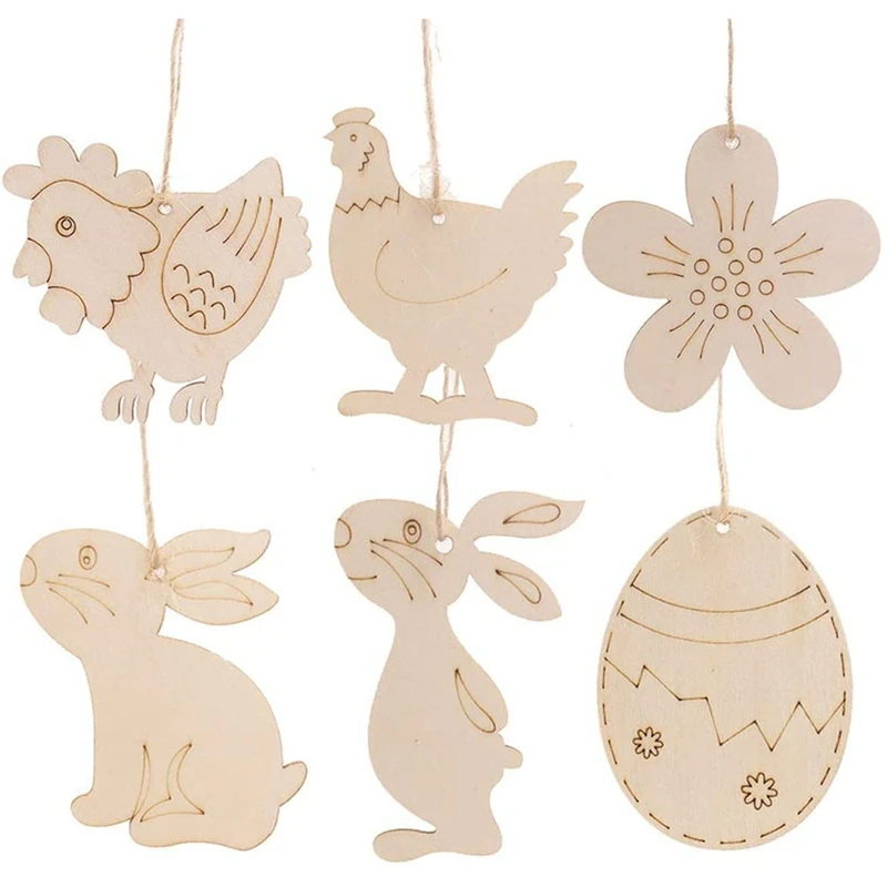 

60Pcs/Set DIY Wooden Chip Hanging Pendant Happy Easter Decoration Home Ornament