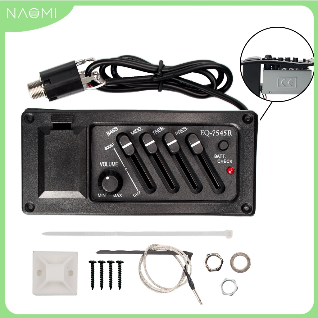 

NAOMI 4 Band Folk Guitar Pickup EQ 7545R Acoustic Guitar Preamp Amplifier Equalizer Tuner 2.5mm Plug Guitarra Part Accessories