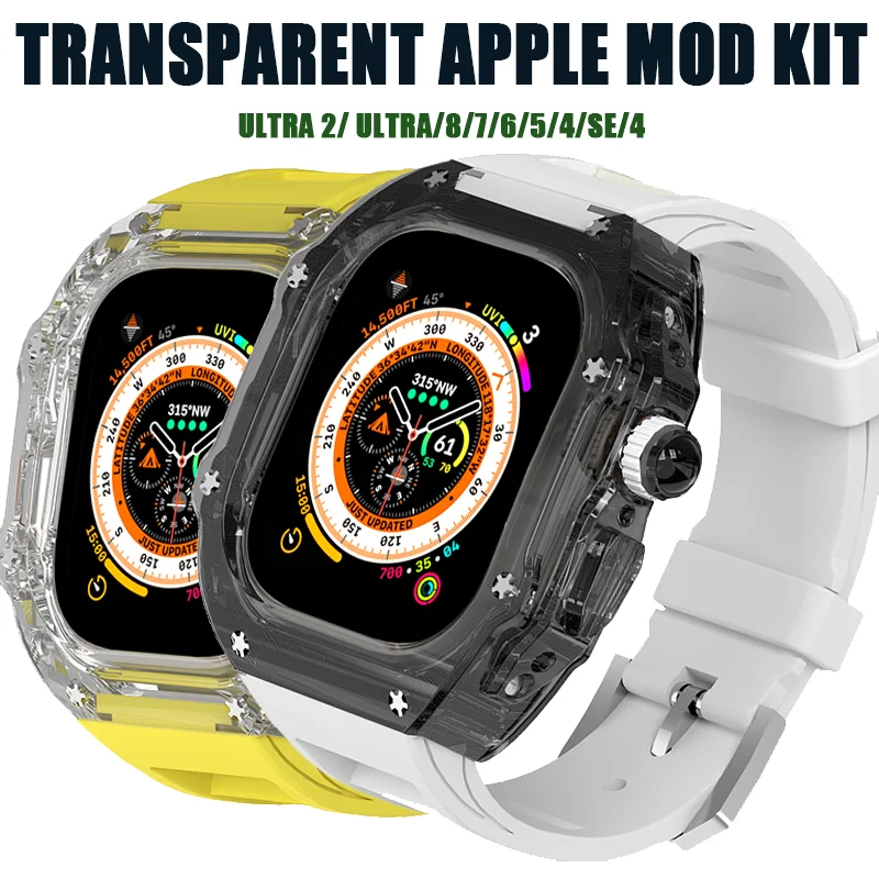 

Transparent Mod Kit Case For Apple Watch Ultra Ultra2 49mm 45MM 44MM Sports Fluororubber Band For iWatch Series 8 7 6 5 4 SE