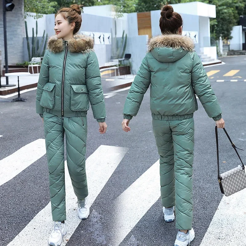 2022 Winter Jacket Women Snow Cloths Warm Hooded Snow Suit Fur Collar Parkas Female Down Cotton Coat 2 pieces Set Outwear