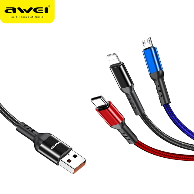 Awei CL-971 usb кабель 3 в 1 Многофункциональный зарядный провод 3 в 1 2.4A iPhone Xiaomi USB Type C зарядный телефон многопортовый провод кабель зарядки телефона кабель 3 в 1 для зарядки