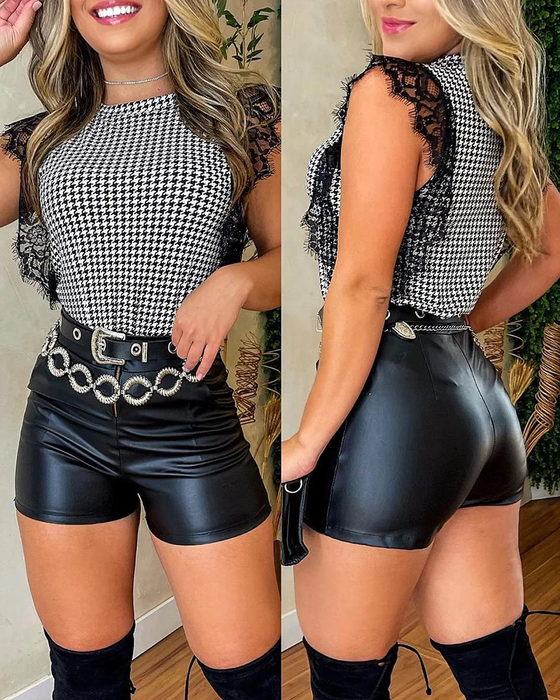 

Women 2pcs Clothes Set Fashion Casual Houndstooth Print Crochet Lace Top & Belted Metal Decor Shorts Set Sexy Sleeveless