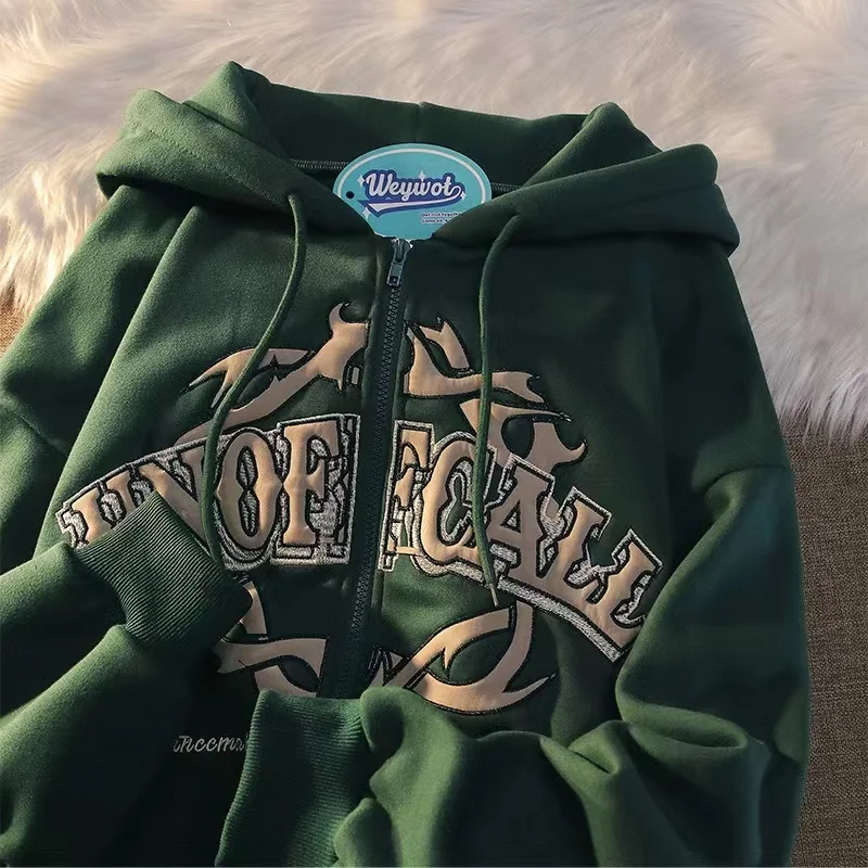 

American Retro Letter Embroidery Zipper Hoodies Hip Hop Loose Couple Cardigan Coat Original National Tide Hooded Sweatshirt