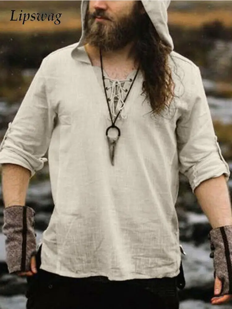 

Vintage Solid Cotton Linen T-shirts Men Summer Casual Drawstring Hooded Tee New Fashion Mens Short Sleeve Loose Hoodies Pullover