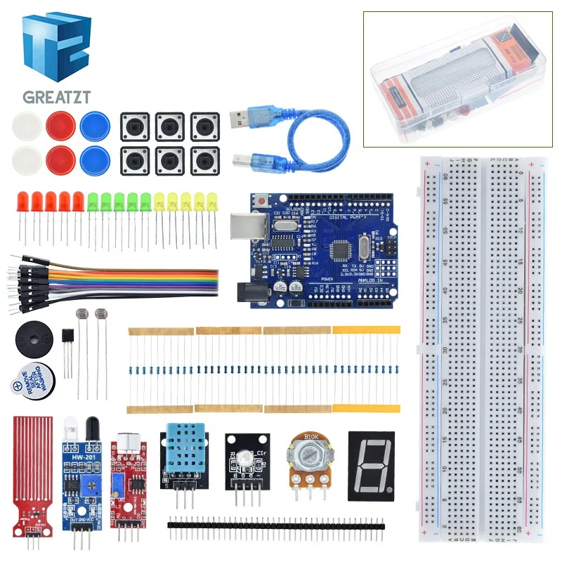 Стартовый комплект для макетной платы Arduino Uno R3 базовый простой обучающий уровень