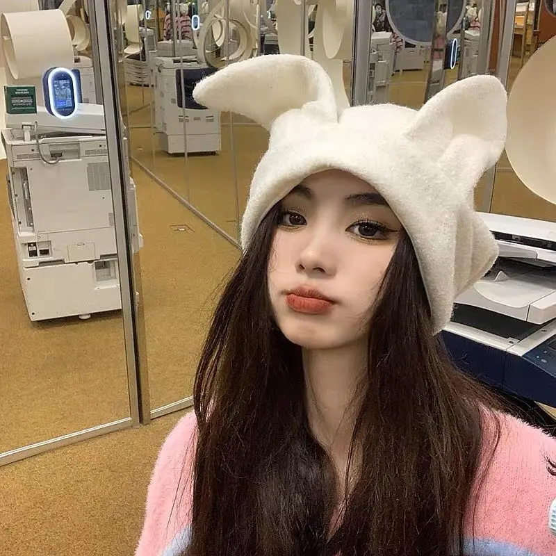 

Женская милая Шапка-бини с ушками кролика, зимний Корейский стиль, универсальный пуловер, ветрозащитные шапки для защиты ушей, теплые шапочки унисекс, шапка