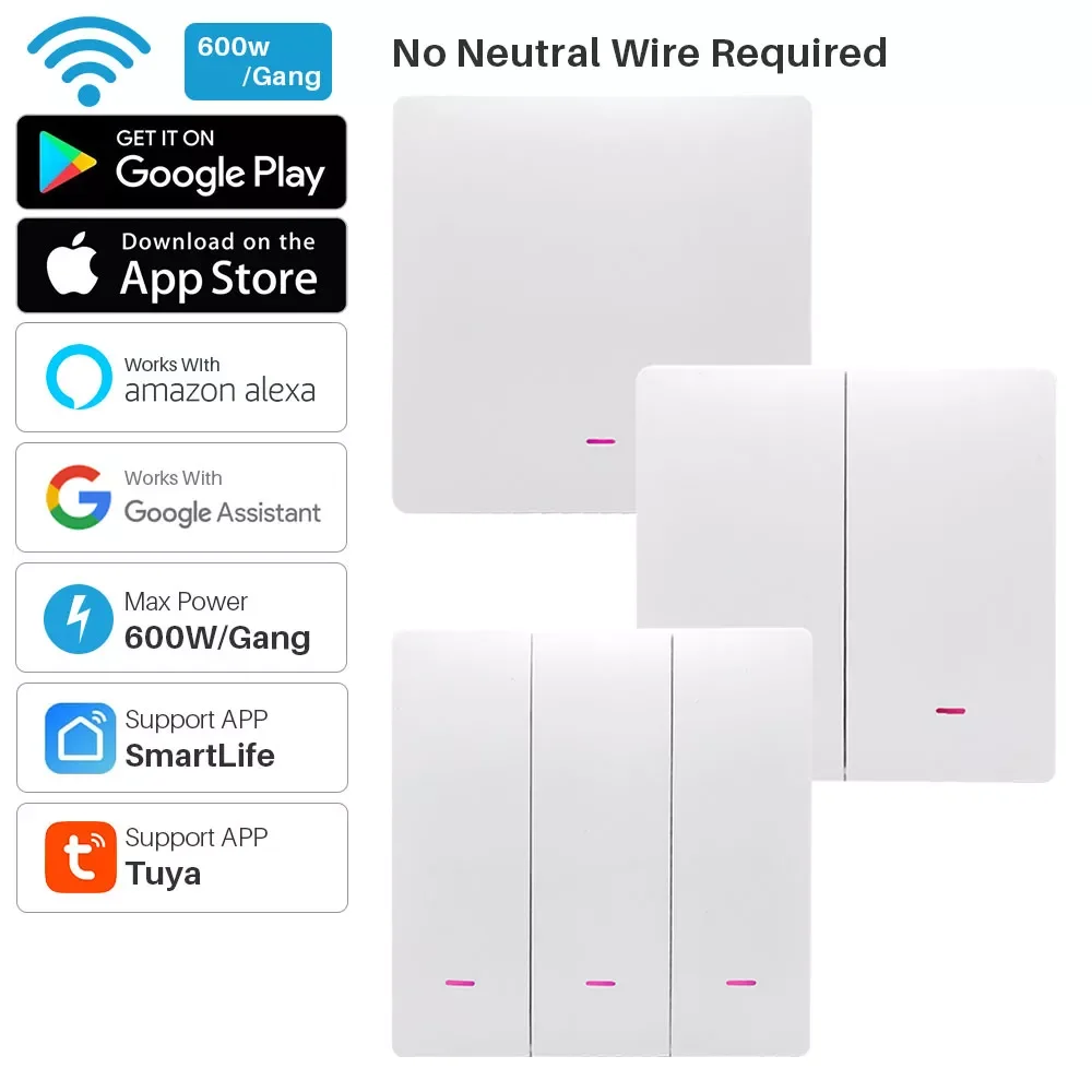

Tuya Smart Wifi Switch 220V No Neutral Wire Required 1/2/3 Gang Wall Light Button Switch Support Smart Lfie Alexa Google Home