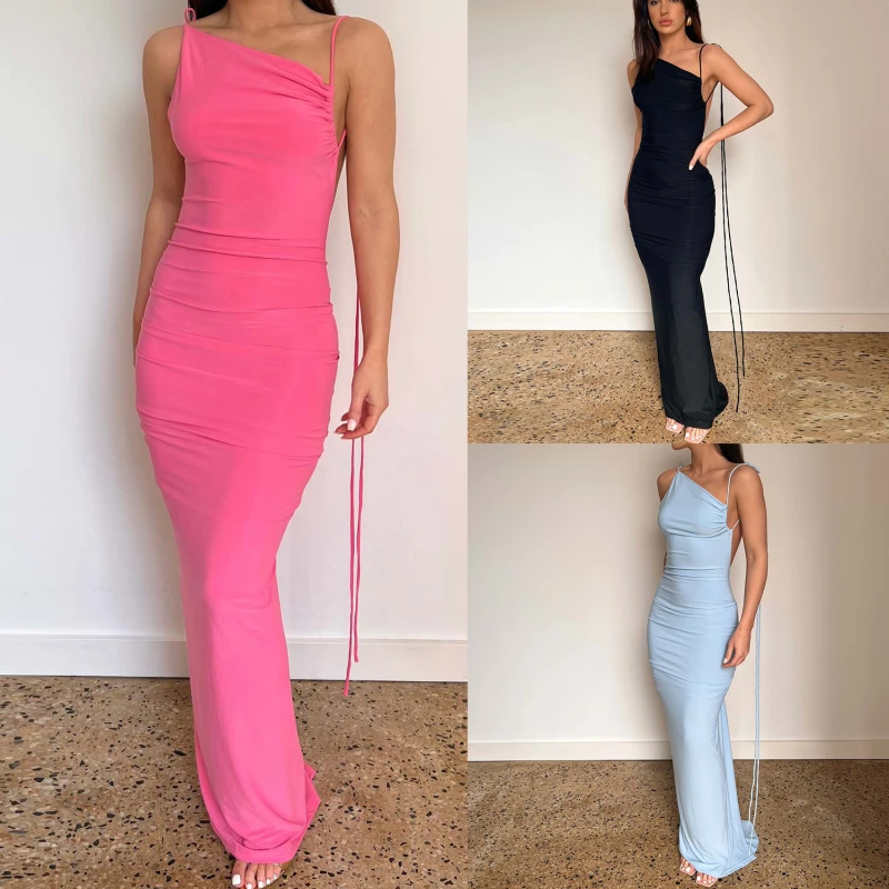 

Women's Sexy Backless Ruched Maxi Dress Women Elegant Holiday Vestido Sling Dresses 2023 Spring Fashion Lady Party Club Clothes