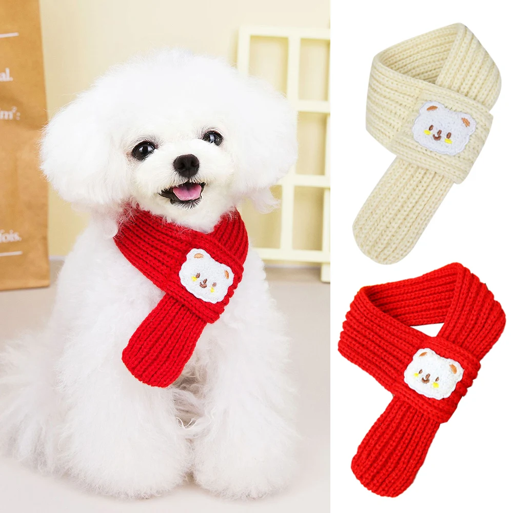

Christmas Pet Knitted Scarf Cat Dog Winter Warm Woolen Scarf Cartoon Bear Adjustable Collar Puppy Accessories Necklet