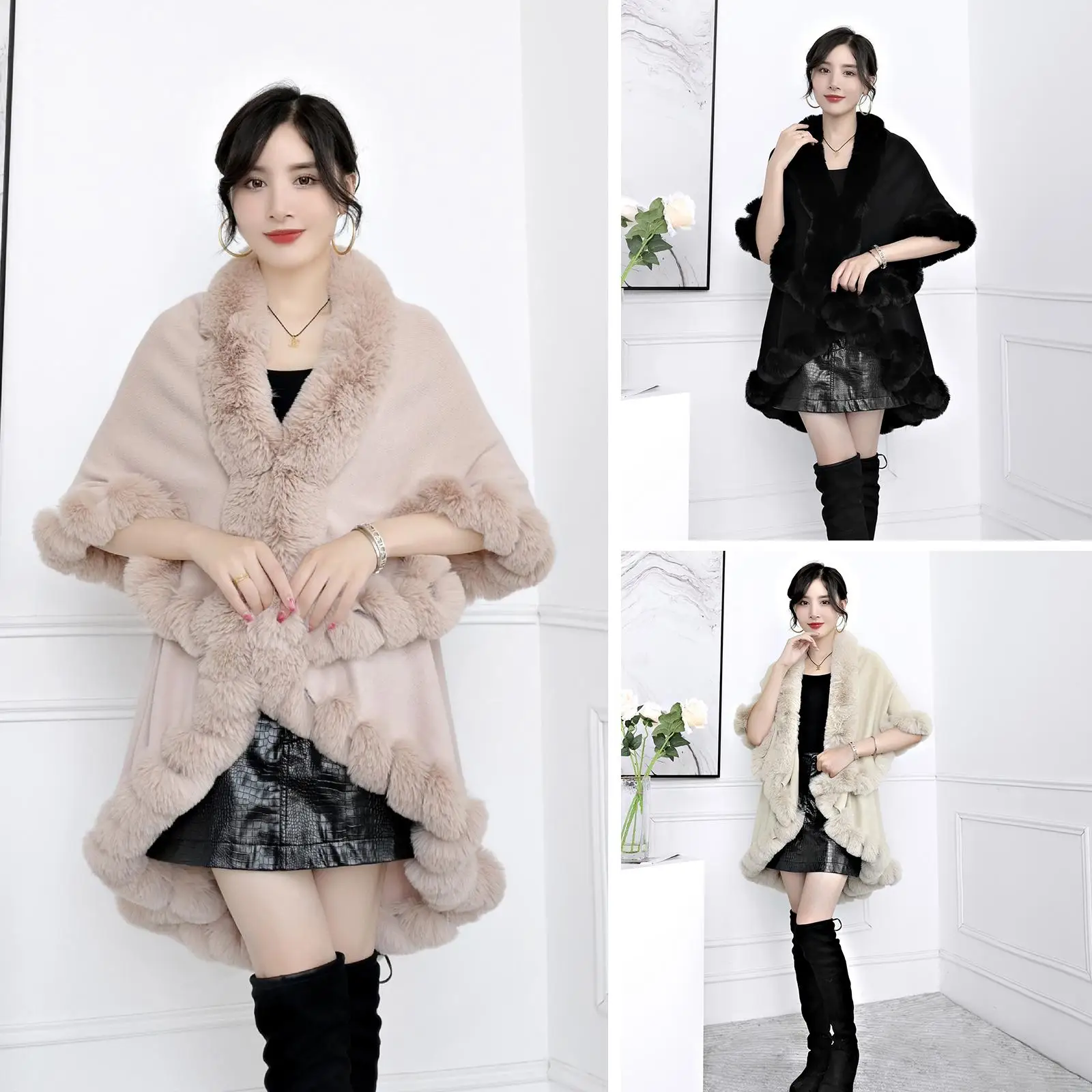 

Fashion Double Layer Handcraft Faux Rex Fur Cape Shawl Women Coat Knit Fur Cloak Long Pashmina Poncho Winter New Wraps K6U8