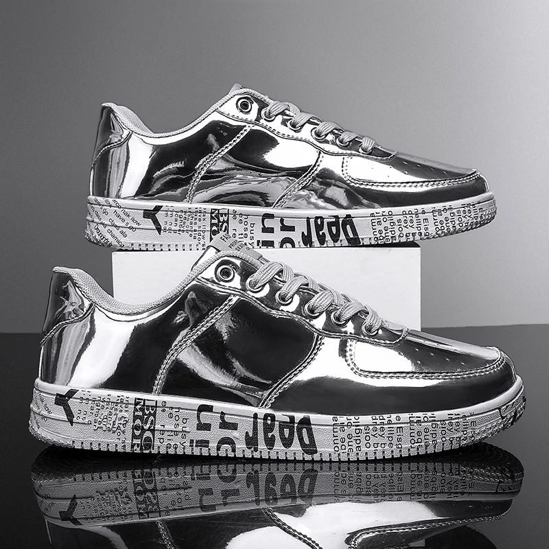 Hot Sale Luxury Golden Mirrors Sneakers Men Streetwear Hip hop Skateboard Shoes Men Designer Glitter Shoes Couple Skate Sneakers