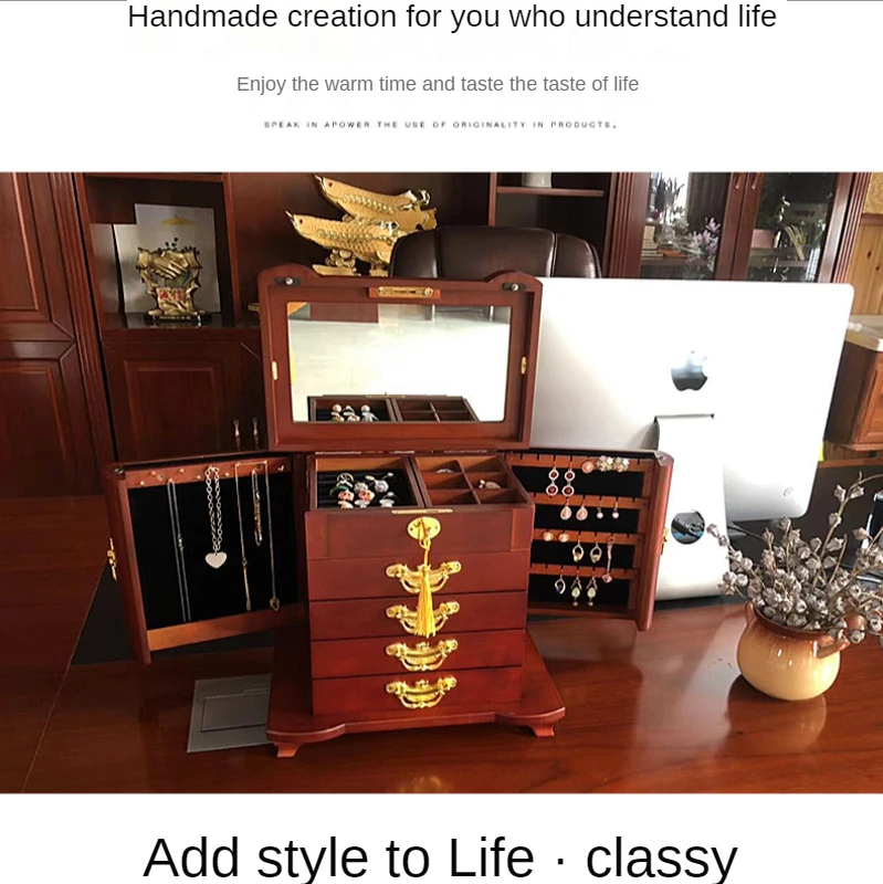 Multi Layer Jewelry Box Storage Organizer Case Large Capacity 360 Wood with Lock Luxury Storage Box Jewelry Drawer Mirror Gift