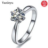 yanleyu classic six prongs wedding rings for women solid 925 silver color 1 carat 6mm simulated diamond engagement jewelry
