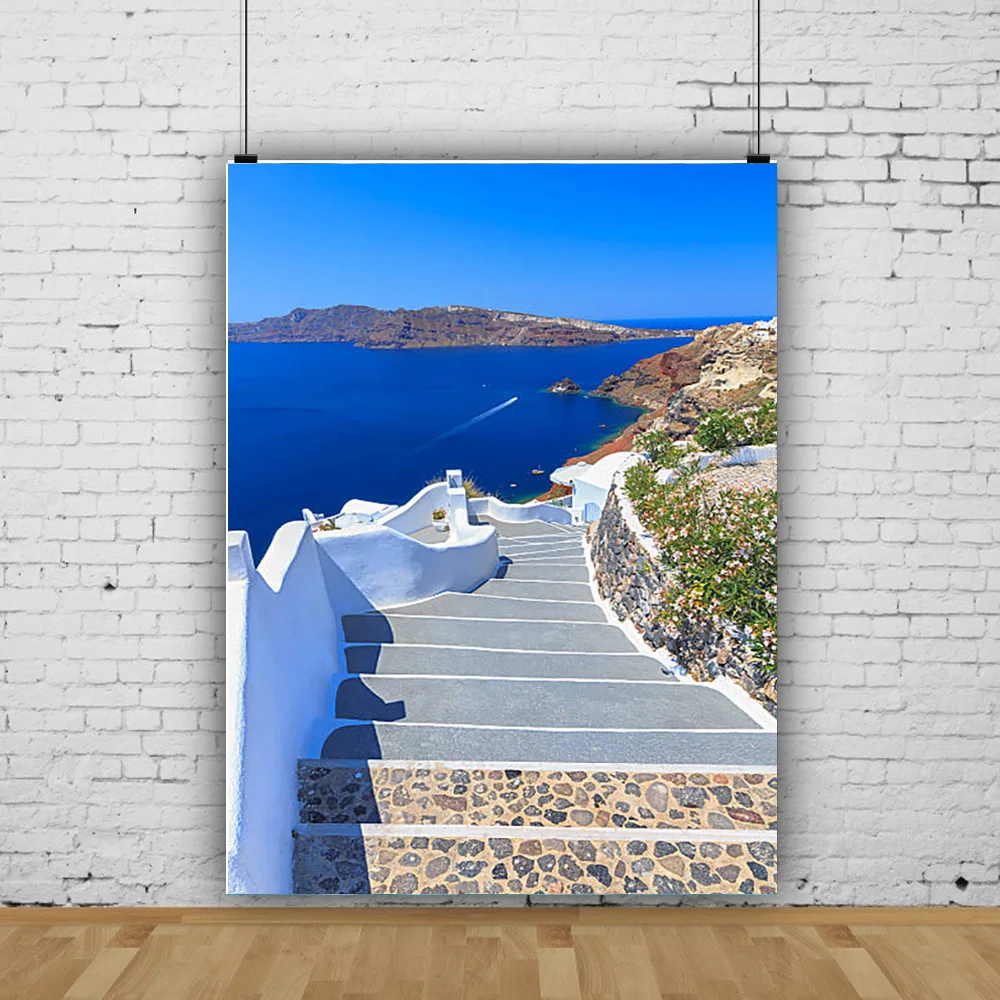 

SHENGYONGBAO Blue Dome Church on Santorini Island Greece and the Scenery of the Aegean Sea Photographic Background Props HL-02