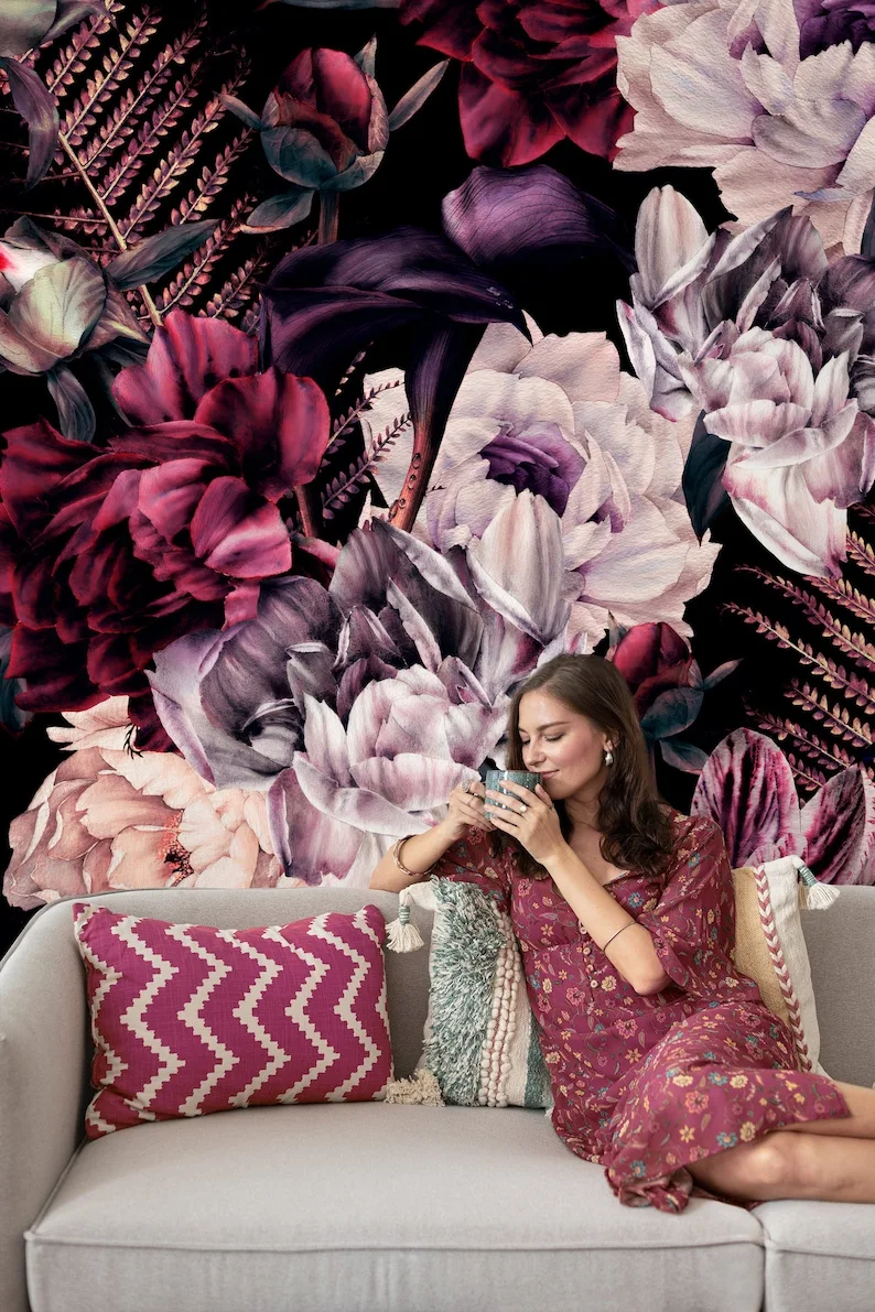 

Floral Wallpaper Peel and Stick | Watercolor Dark Peony Flowers Wall Mural