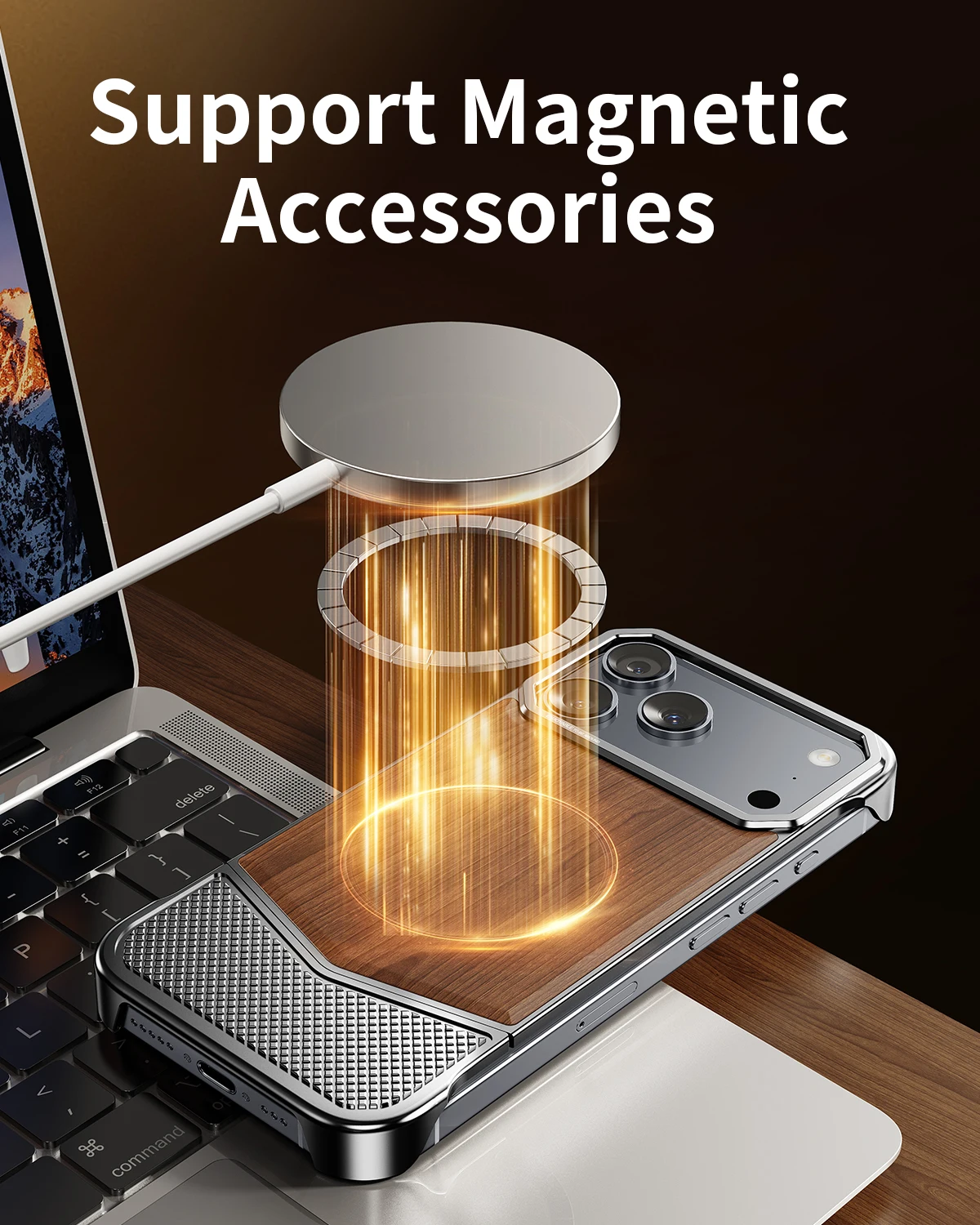 Фото Магнитный чехол для телефона Oatsbasf для iPhone 17 Pro Max/17 Pro с металлическим каркасом, защитный чехол для телефона, беспроводная зарядка, ощущение цельного дерева №3