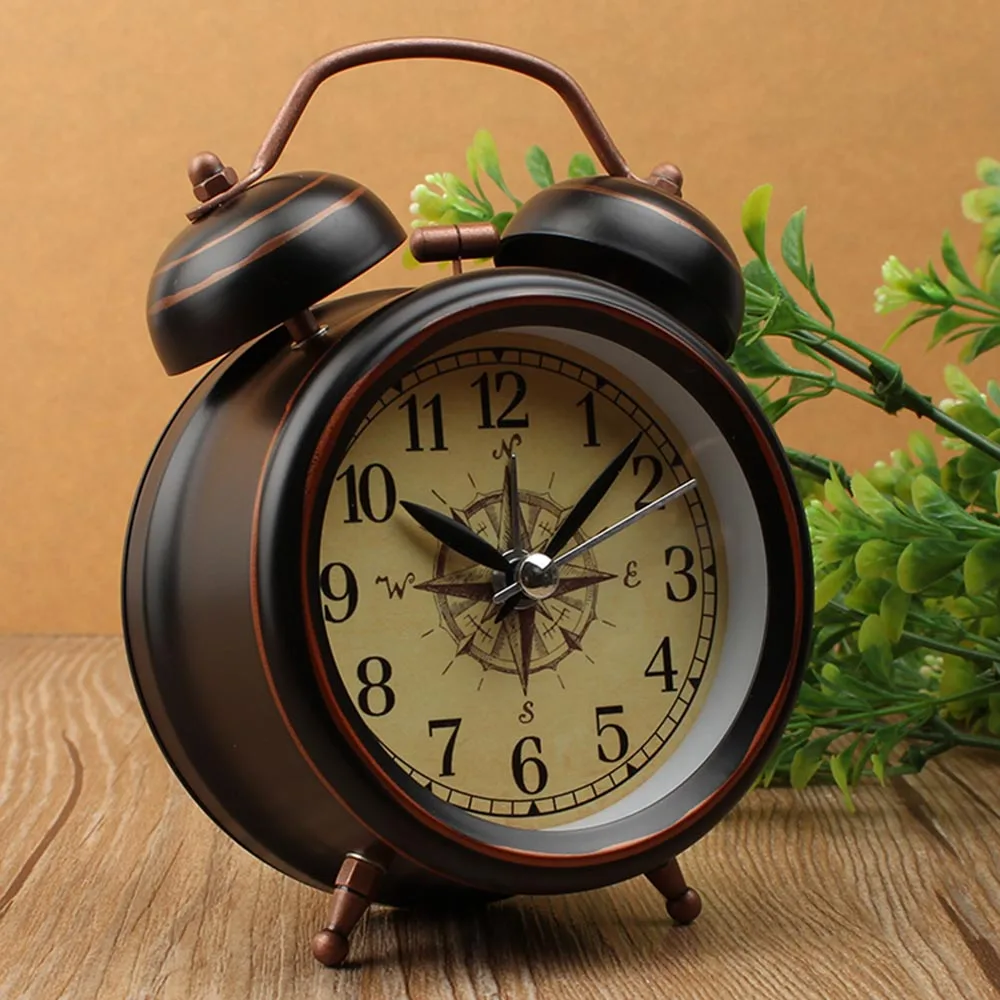 European Retro Metal Alarm Clock Bedside Mute Needle Table Clock Gets Bed Ringing Bell