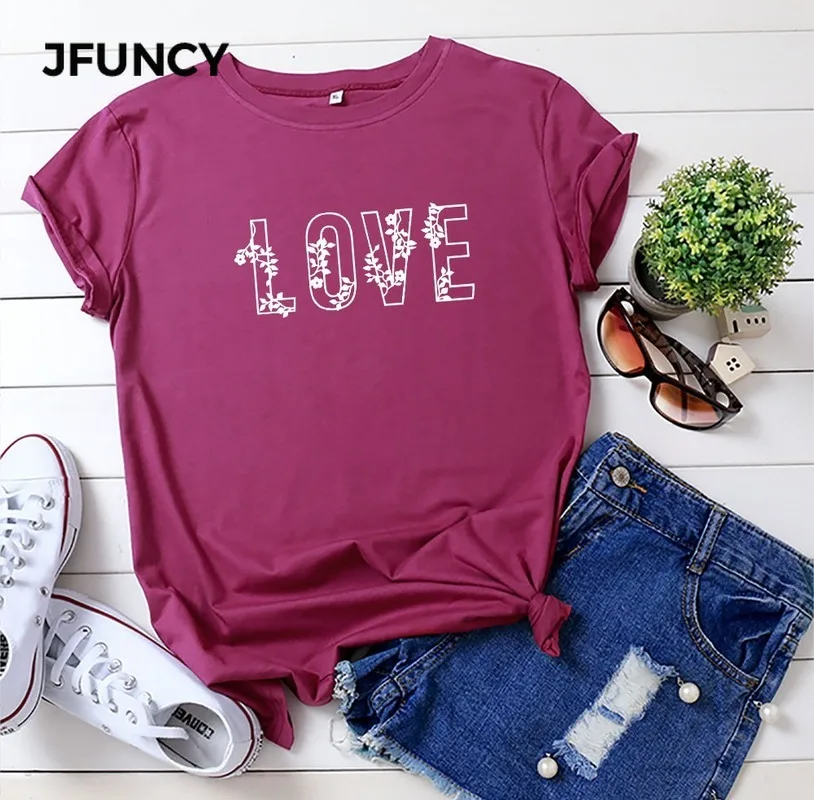 JFUNCY Women 2023 Summer Cotton T Shirt Short Sleeve Love Printed T-Shirt Woman Shirts Loose Tee Tops Female Tshirts