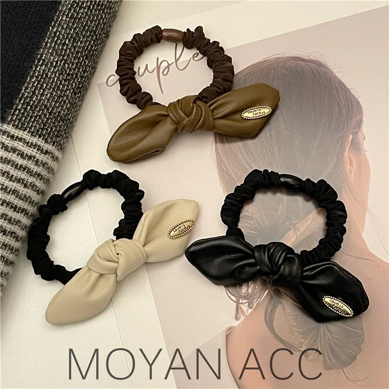 

New Leather Bow Hair Ring Large Intestine Ring Head Rope Korean Version of The All-match Temperament Hair Rope Female Simple Hai