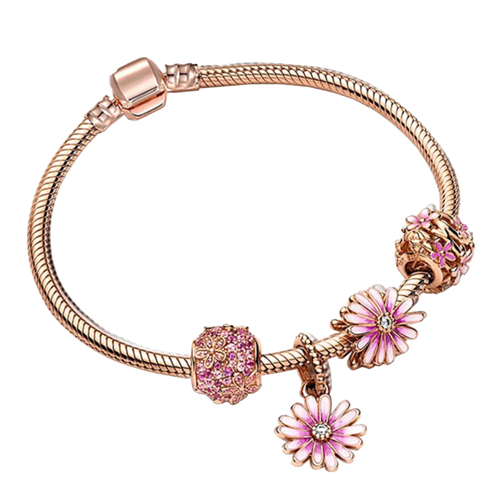 

925 Silver Rose Gold Daisy Flower Snake Chain Charm Bracelet Trendy Feast Jewelry Gift fit for Ladies