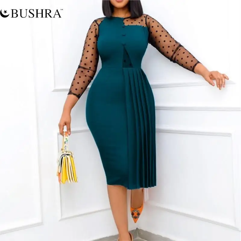 

BUSHRA European And American Women's Dress Amazon Fashion Mesh Splice Slim Fit Bag Hip Split African Large Foreign Trade Dress