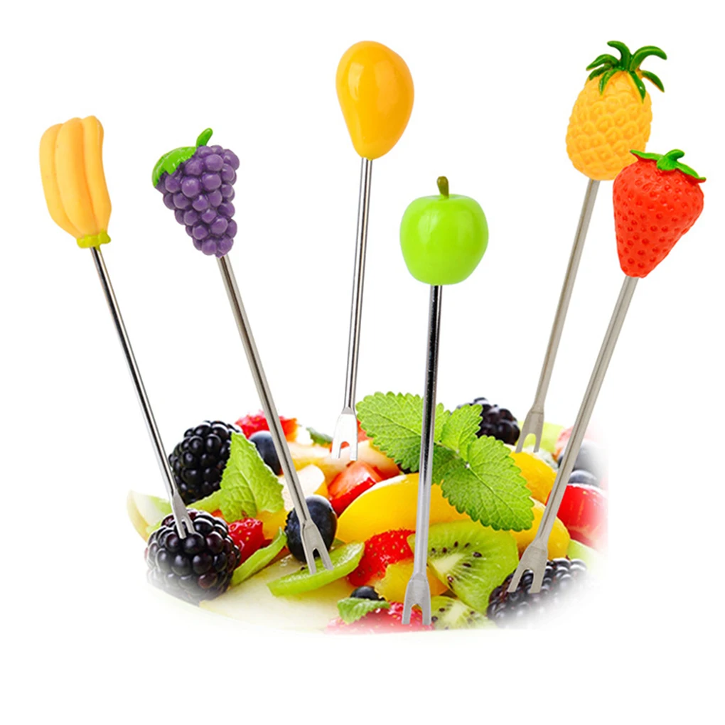 

Pack of 6 Fruit Pick with Holder Stainless Steel Cake Dessert Fork Party Decoration Washable Children Flatware Yellow