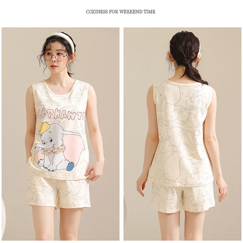 Disney M-3XL Loose 2 Pieces Set Pajamas for Women Summer Sleeveless Top with Shorts Cotton Soft Sleepwear Ladies Casual Outfits