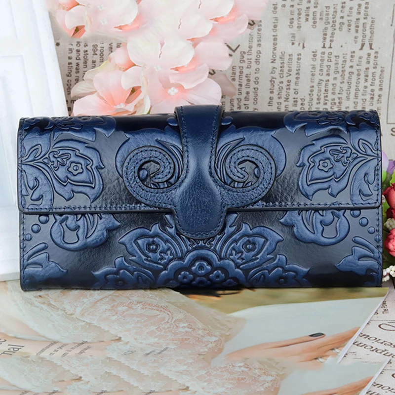 

Lady Long Wallets Genuine Leather Embossed Flower Wallets Luxury Brand Women Blue/Green/Red Purse Fashion Small Card Holder