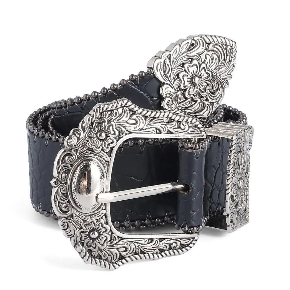 

PU Leather Western Belts Fashion Wide Bohemian Waist Belt Buckle Vintage Belts for Women