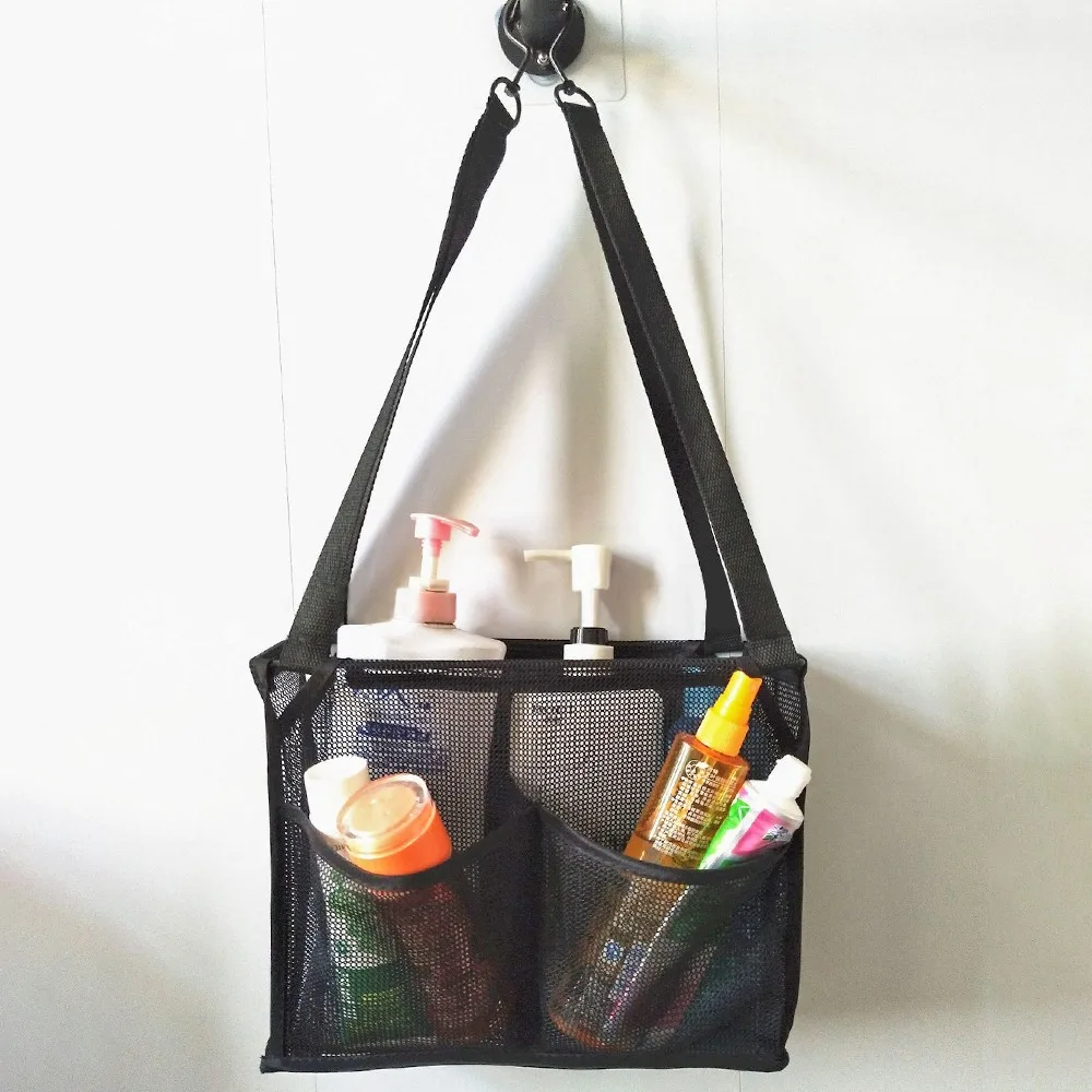 

Portable Hanging Mesh Bag with 2 Hooks Practical Bath Storage Bag Easy to Use with 4 Storage Pockets Shower Organizer Gym