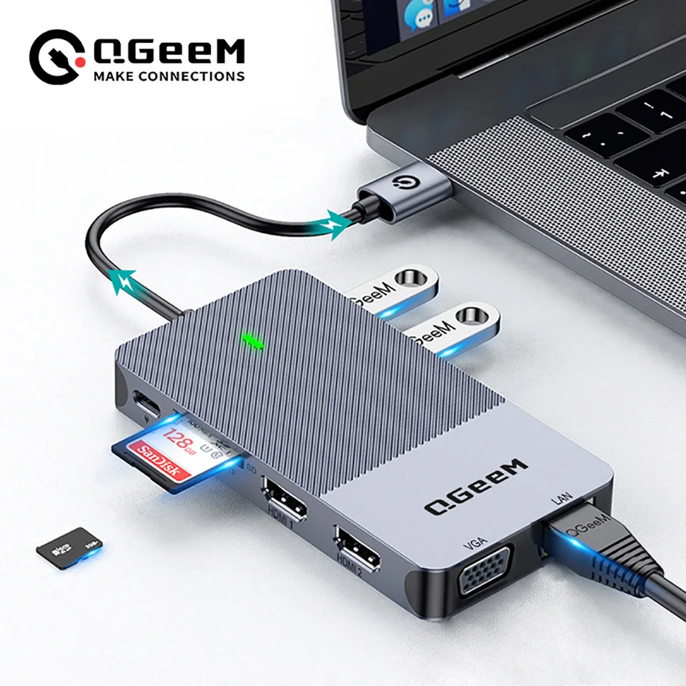 Док-станция QGeeM USB C с тройным дисплеем док-станция двойным HDMI VGA - Цена: 7722.45