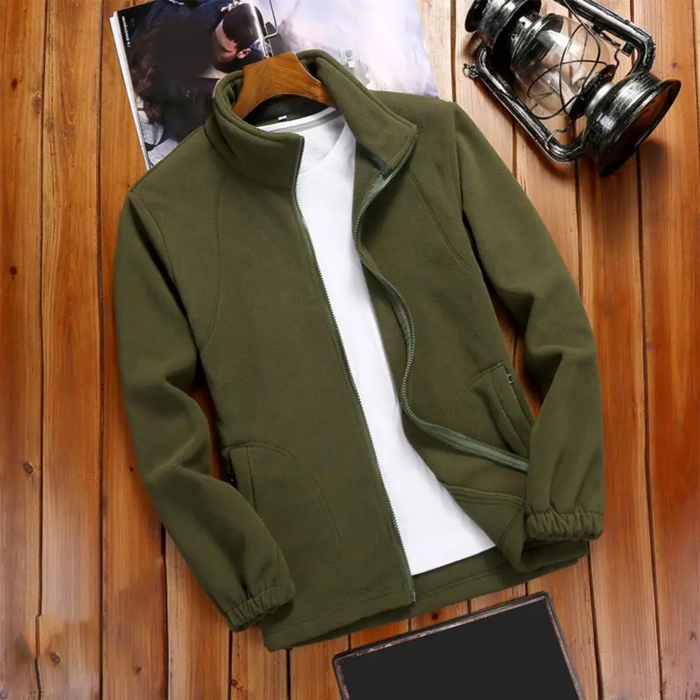 

Men's Winter Coat Thickened Warm Solid Color Stand Collar Neck Guard Zipper Closure Long Sleeve Casual Men's Jacket