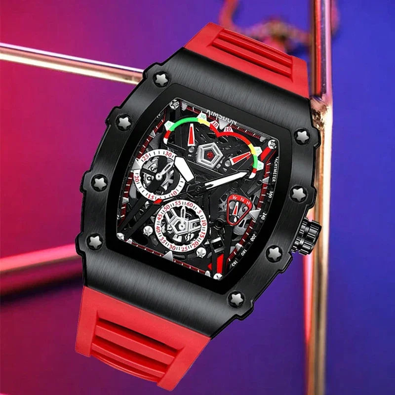 Мужские модные повседневные кварцевые наручные часы с красным силиконовым