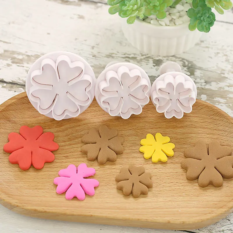 3Pcs Pentapetal Flower Plunger Fondant Mold Wedding Love Cookie Cutter Dessert Chocolates Cake Decorate Tools For Biscuit Stamp