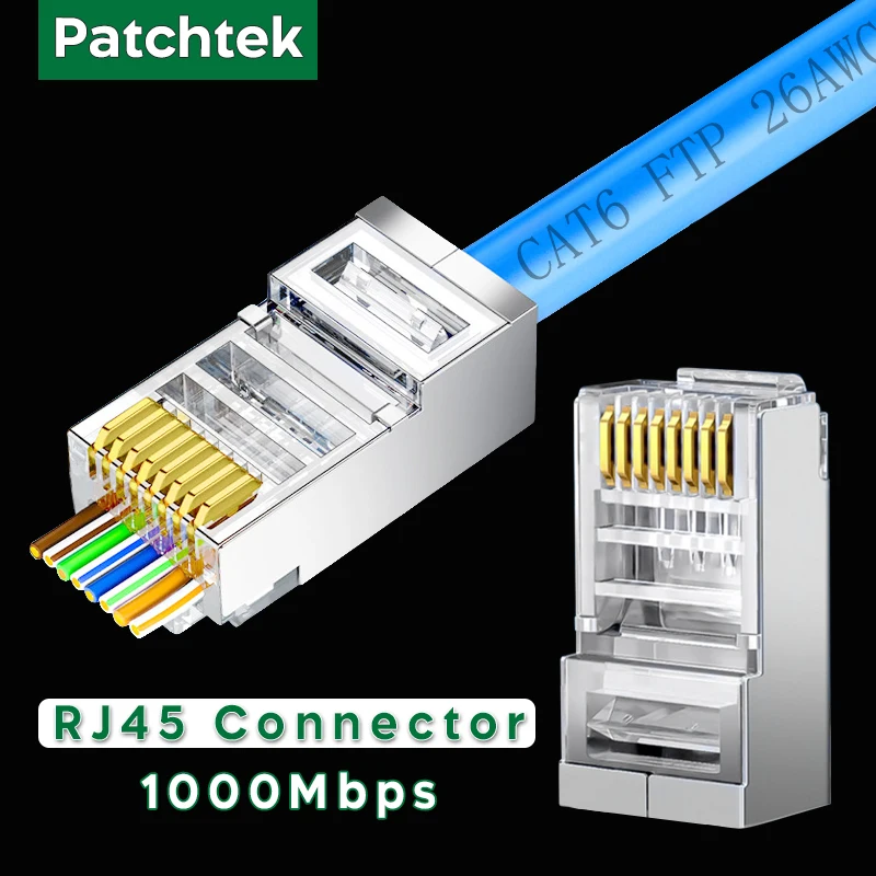 Коммутационные модульные штекеры RJ45, экранированные сквозные разъемы Cat6, 3-зубчатые 8P8C Позолоченные концы Ethernet для сетевого кабеля FTP