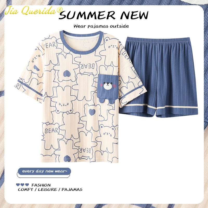 

Fashion Yellow Bear Cartoon Sleepwear for Girls Summer Cotton Teens Loungewear Strip Pajamas Set for Women Kawaii Home Clothes