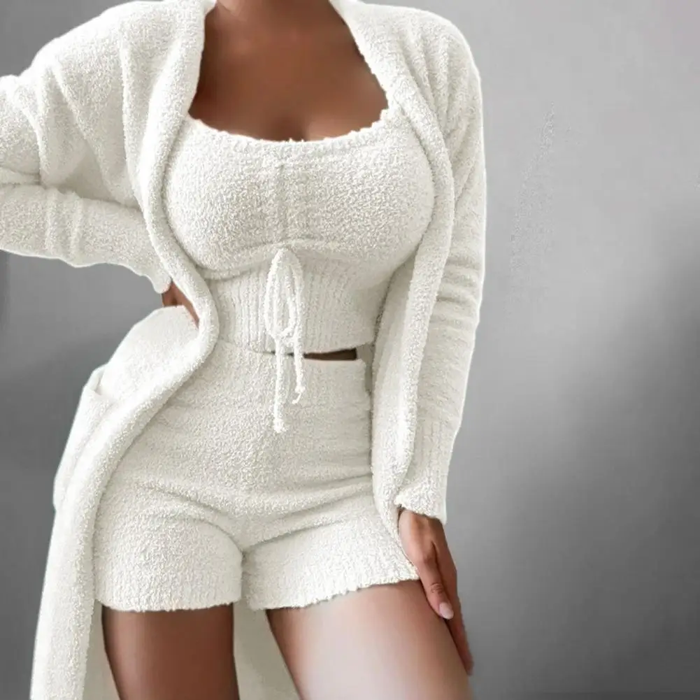 

1 Set Stylish Top Shorts Coat Waist Tight Warm Sexy Pure Color Thick Crop Top Shorts Coat