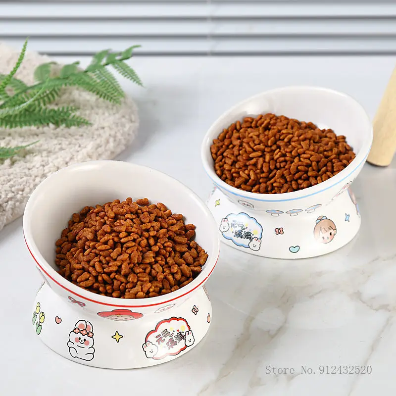 

Ceramic Cartoon Cat Dog Bowl Oblique Mouth Bowl High Foot Protection Cervical Spine Cat Dog Food Pet Supplies Novelty