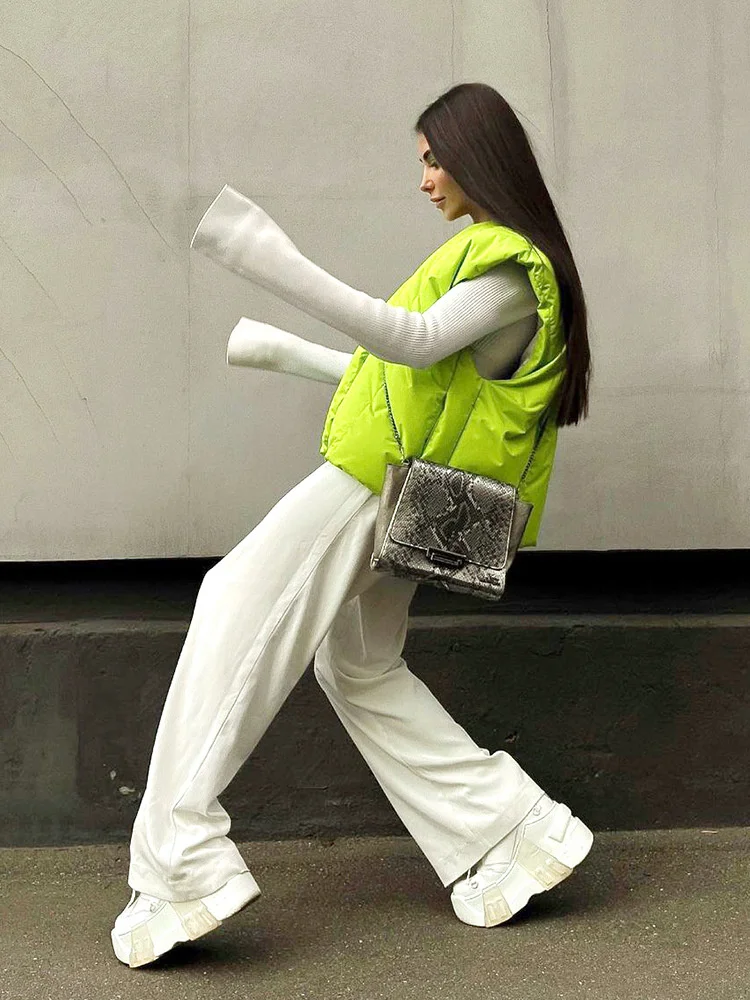 Solid Color Sleeveless Slim Cotton Jacket Waistcoat Women's Autumn 2022 Single Breasted Fluorescent Collarless Top