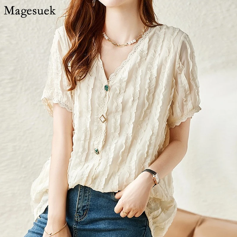 

Chic Lace Chiffon Shirts Women Summer 2022 Loose Short Sleeve Women's Blouse V Neck Solid Lady Tops Oversize Shirt Fashion 21700