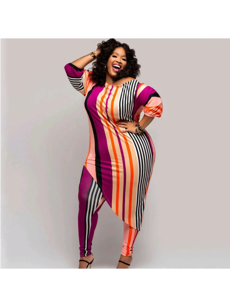 Plus Size Women Clothing Casual Fashion Printed Long Sleeve Color Vertical Stripe Two-piece Set Office Lady for Vestidos Long