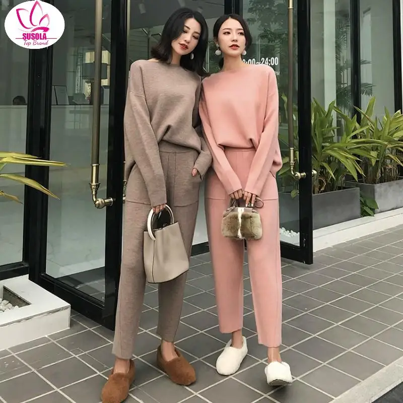 

SUSOLA Lady Winter Casual Sweater Tracksuits O-neck Long Sleeve Jumpers & Elastic Waist Pants Female Knitted 2 Pieces Set
