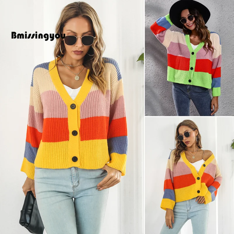 

Bmisssingyou Colorful Knit Hollow Out Women Sweater Loose Fit Long Sleeve Single Breasted Ladies Fashion Cardigan Outwear V-Neck