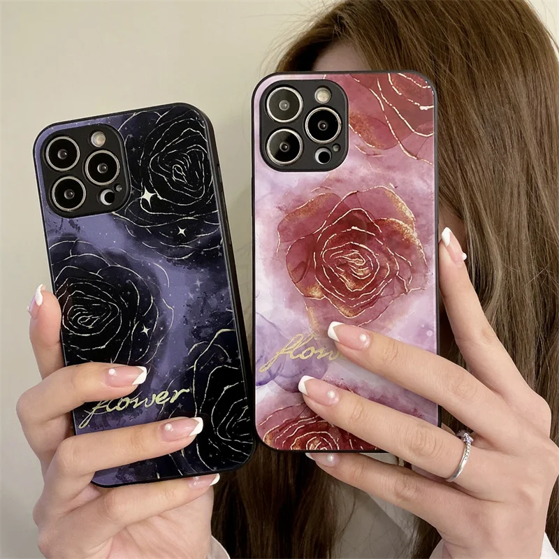 

For iPhone Tempered Glass Case Gardenia Rose For IPhone11 12 13 Promax XS XR XMAX 8plus Shockproof Camera Protector Phone Cover