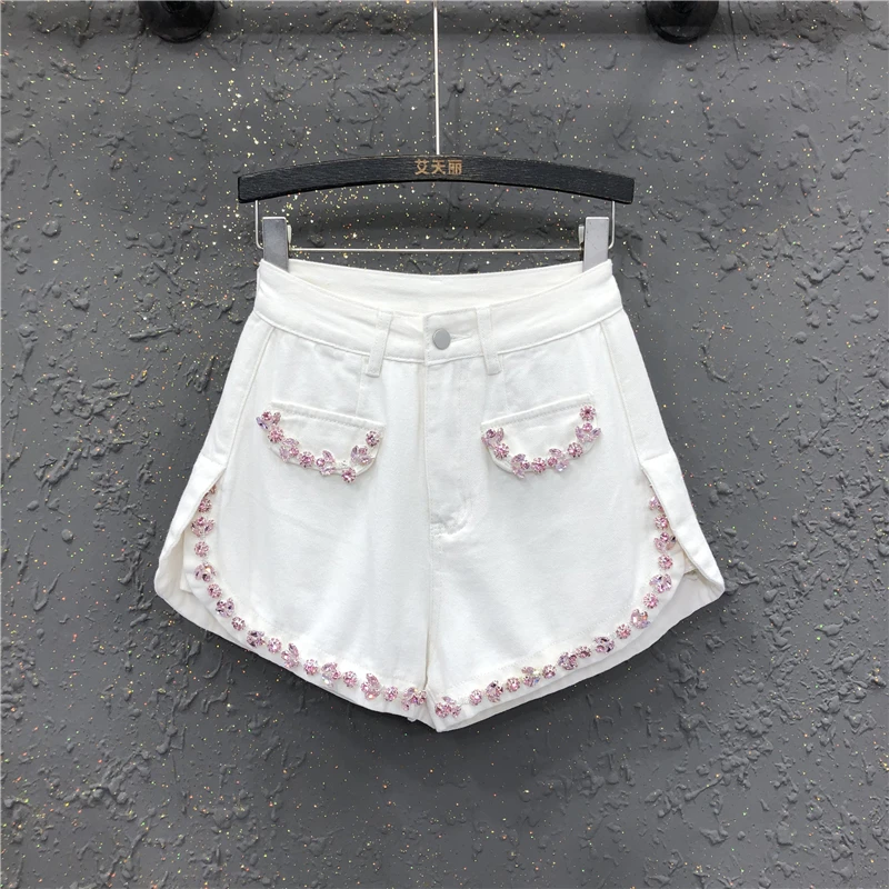 Western Style Shorts Diamond-Embedded Decorative Denim Shorts for Women 2023 Summer New Loose Slimming High Waist Wide Leg Pants