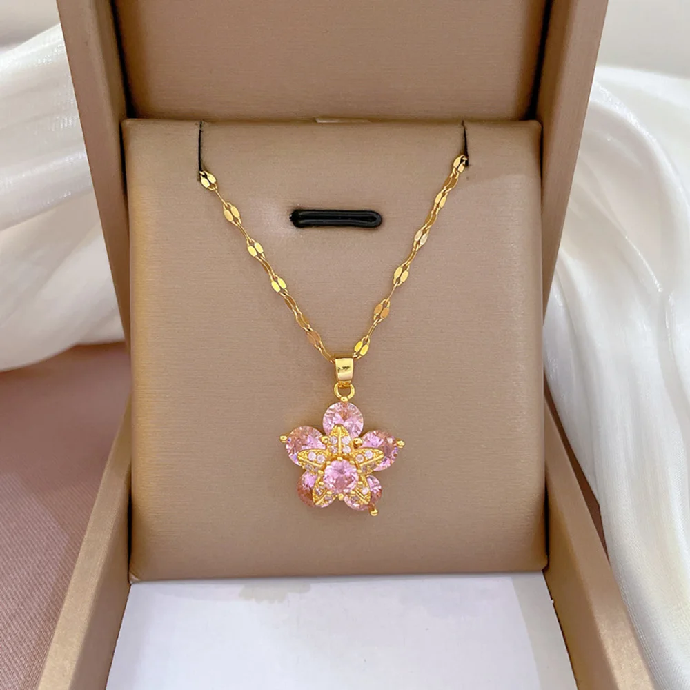 

Pink Flower Necklace For Women Rotating Flower Double Layer Pendant Inlaid Zircon Zircon Choke Women's Stainless Steel Jewelry