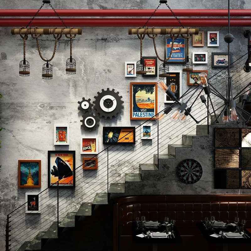 

Retro staircase photo frame combination photo wall restaurant bar industrial style stairs decorative paintings