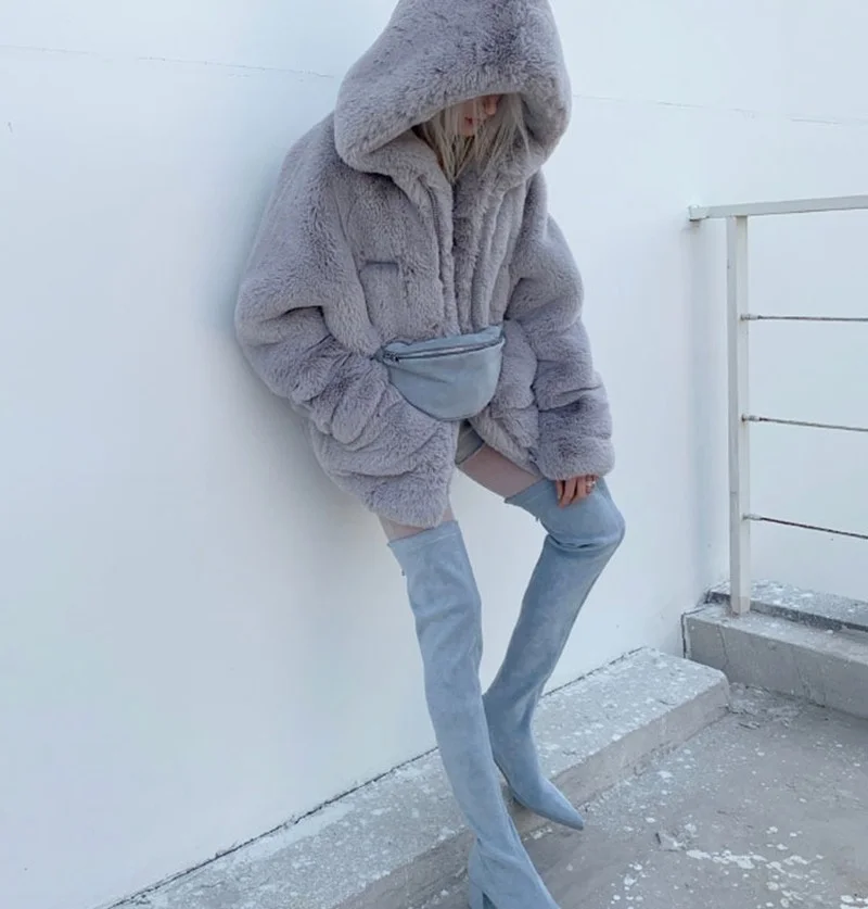2021 New Rex Rabbit Fur Coats Women Hooded Faux Fur Coat Fashion Zipper Long Sleeve Thick Warm Winter Jacket Parkas Streetwear